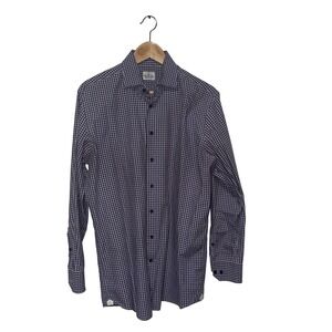 Emanuel Berg Mens Gingham Button Up Purple Blue Long Sleeve‎ 16 41cm